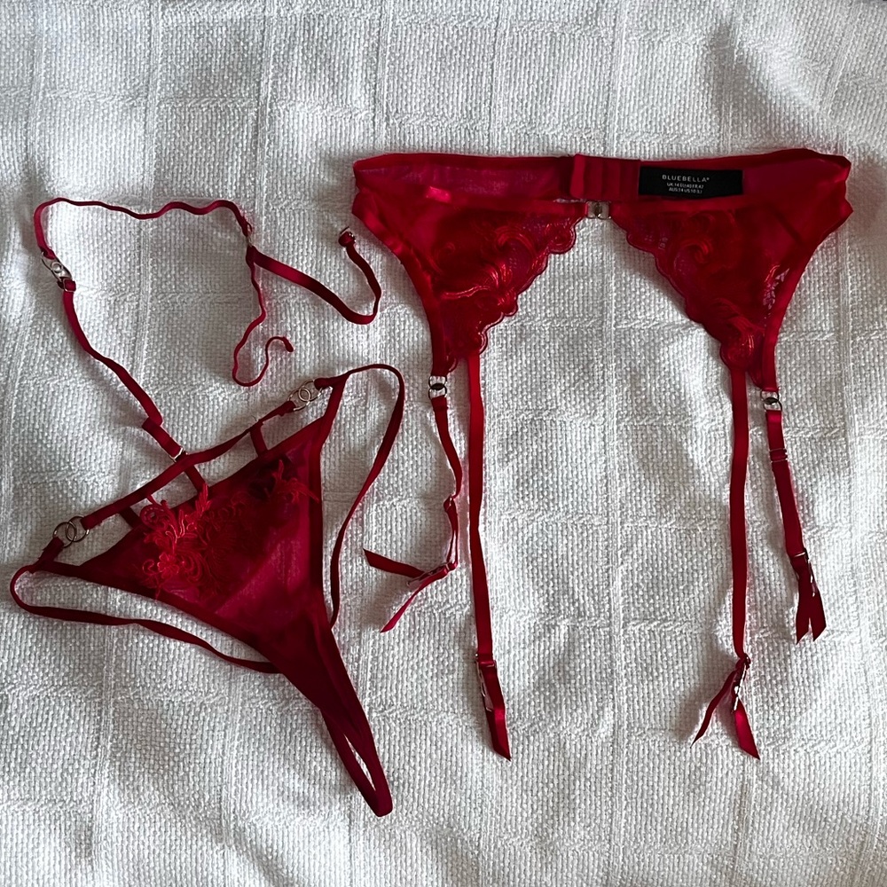 Bluebella Red Lace Garter Set string bodysuit thong